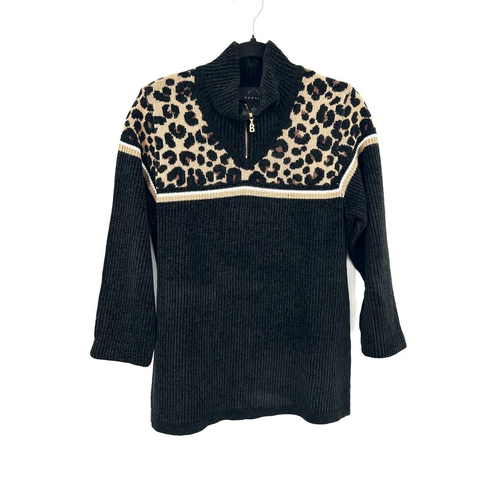 BOGNER Leopard Print Colorblock Chenille Rib Knit Wool Sweater Black Tan Medium